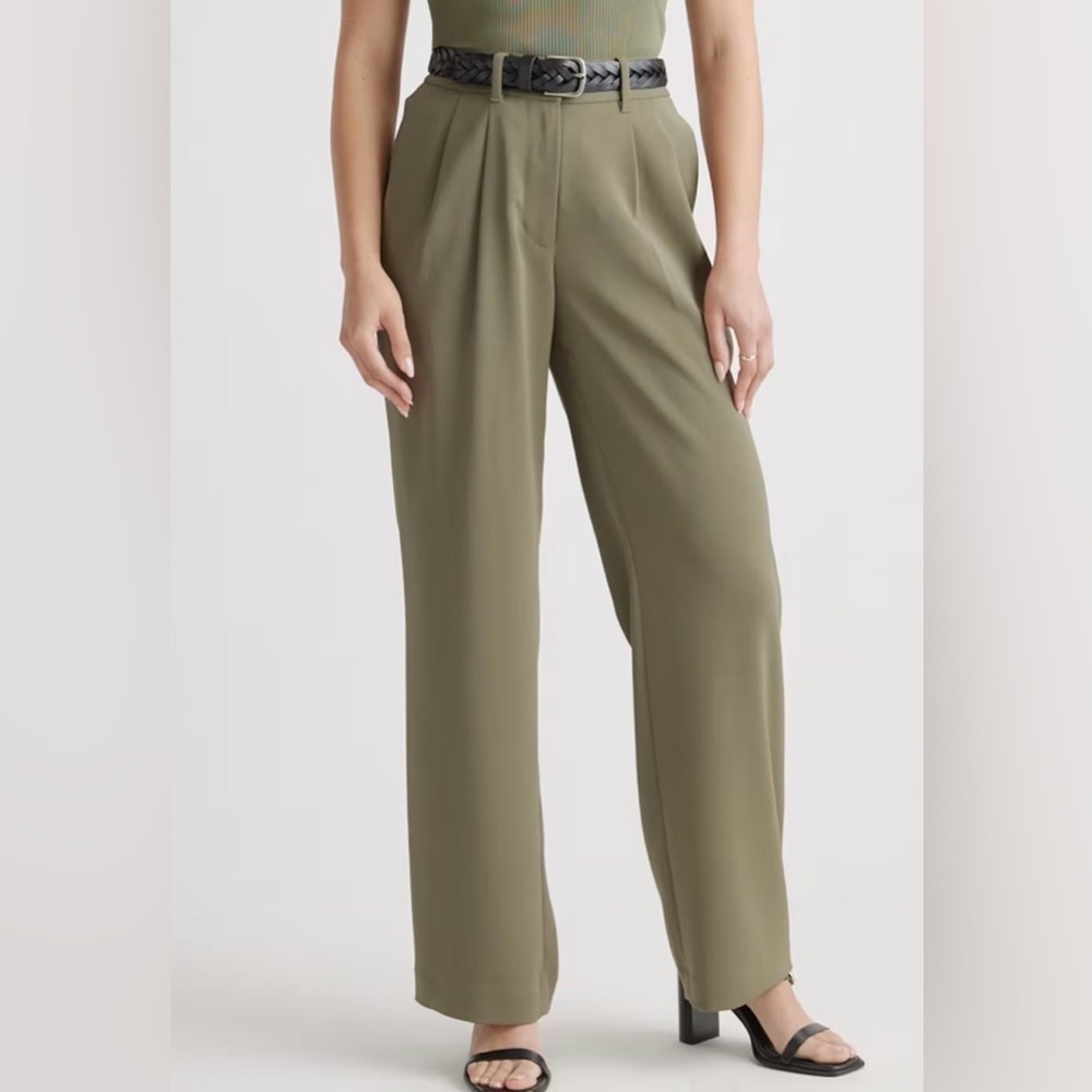 NWT Quince Stretch Crepe Pleated Wide Leg Pants Olive Green 2